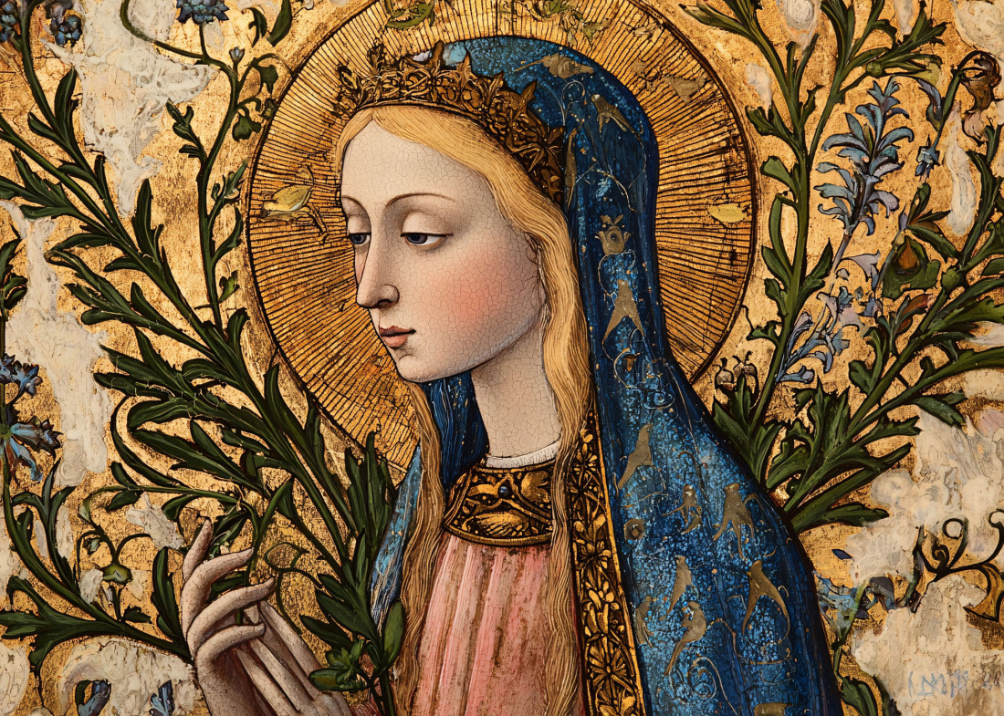 Ein Gemälde zeigt Hildegard von Bingen mit langem blondem Haar, blauem Umhang und goldenem Heiligenschein. Sie trägt eine Krone und hält grüne Zweige in der Hand. Der Hintergrund ist reich verziert.