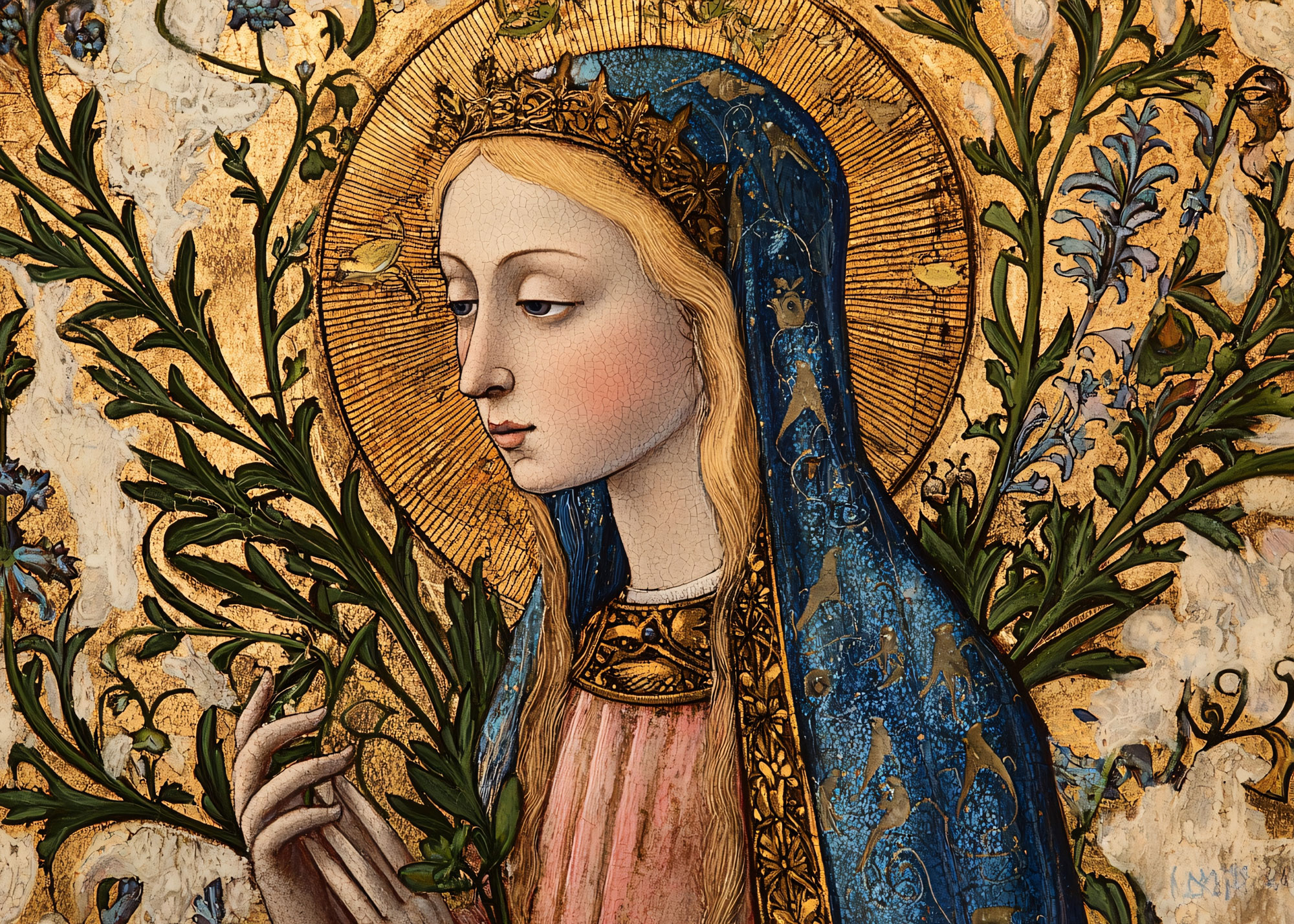 Ein Gem&auml;lde zeigt Hildegard von Bingen mit langem blondem Haar, blauem Umhang und goldenem Heiligenschein. Sie tr&auml;gt eine Krone und h&auml;lt gr&uuml;ne Zweige in der Hand. Der Hintergrund ist reich verziert.